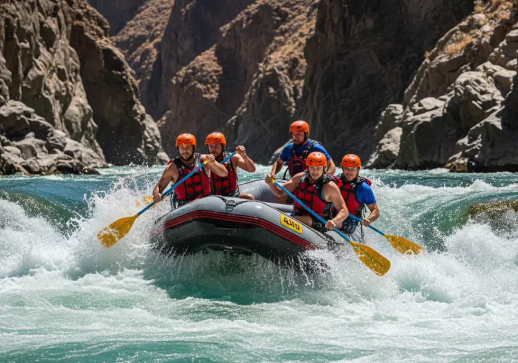 A team of six rafters paddle a raft through a challenging whitewater rapid in a deep South American canyon.