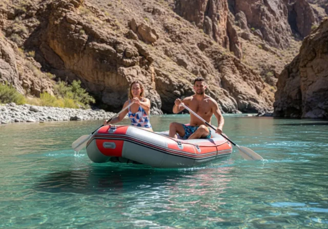 south-america-rafting-guide-by-class An attractive couple in their late 20s rafting on a turquoise river in a massive South American canyon, captured in a wide-angle smartphone photo.