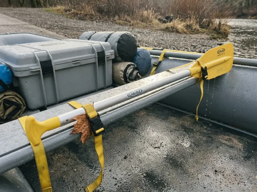 Spare aluminum raft paddle strapped along the thwart of a rigged raft frame
