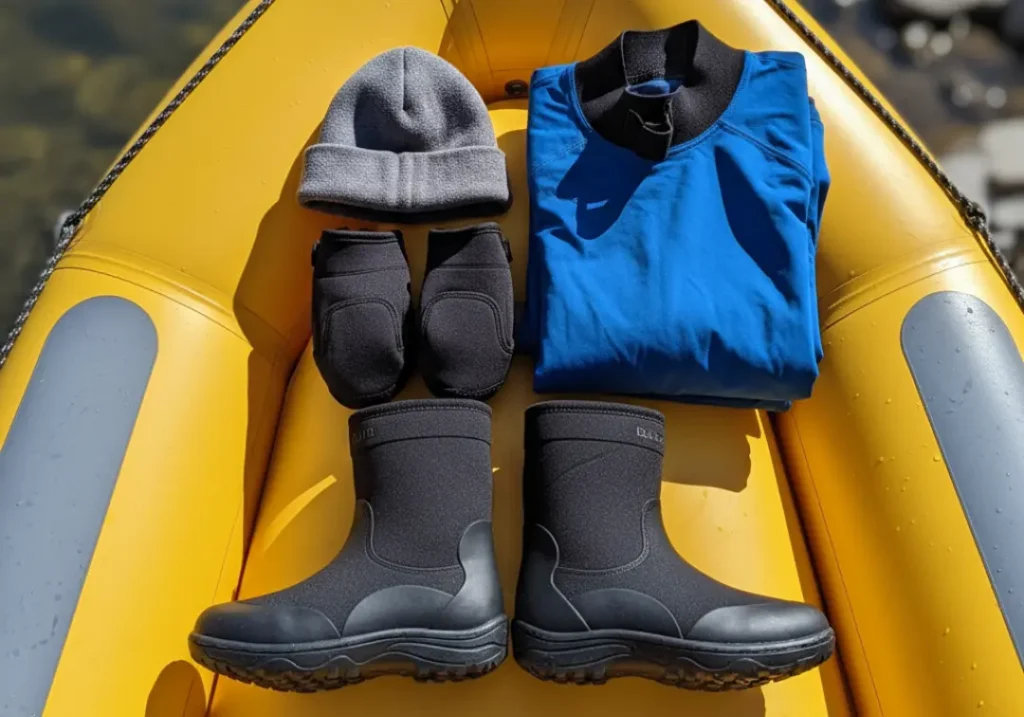 A flat lay of essential cold-water rafting gear including neoprene booties, pogies, and a semi-dry top, organized inside an inflatable raft.