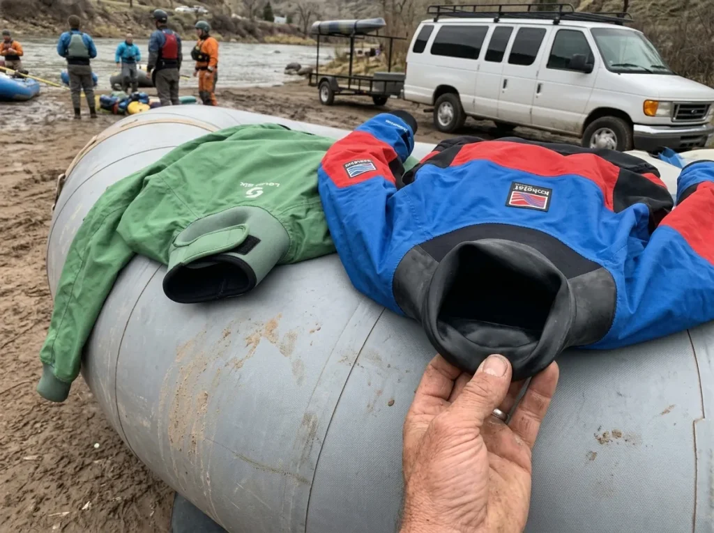 Two paddle jackets laid on a raft tube showing splash top versus dry top closures