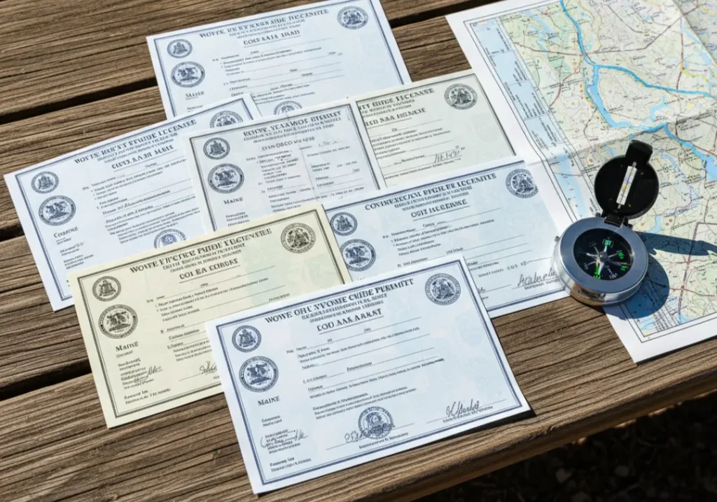 A collection of various state rafting licenses and permits displayed on a wooden table.