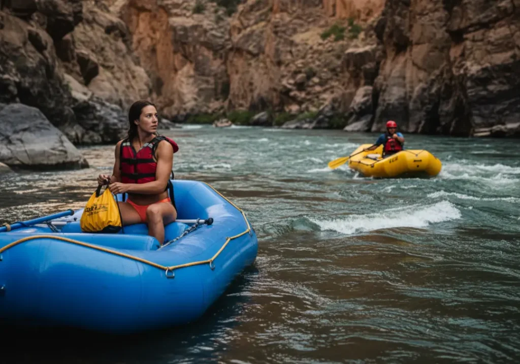 A fit young woman in a raft holds a rescue rope in an eddy, providing safety cover for another raft navigating a rapid downstream.