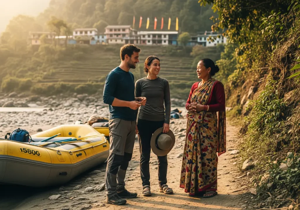 A young couple from a rafting expedition talking with a local Nepali woman in her village on the bank of the Sun Kosi river.