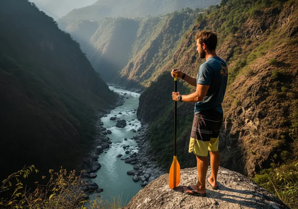 A male river guide stands on a cliff overlooking the Sun Kosi river, scouting the rapids ahead for the expedition.