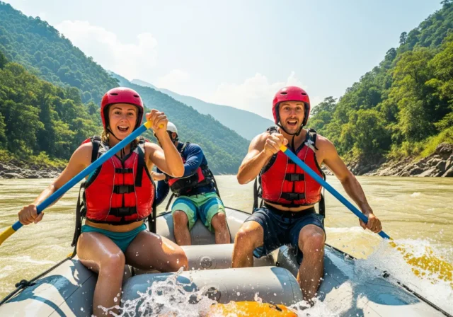 sun-kosi-rafting-expedition-couple A fit young couple in helmets and life jackets energetically paddling a raft through a large rapid on the Sun Kosi river in Nepal.