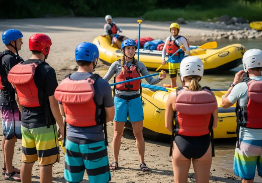 A female river guide gives a safety briefing to a group of rafters on the beach before starting their journey on the Sun Kosi.