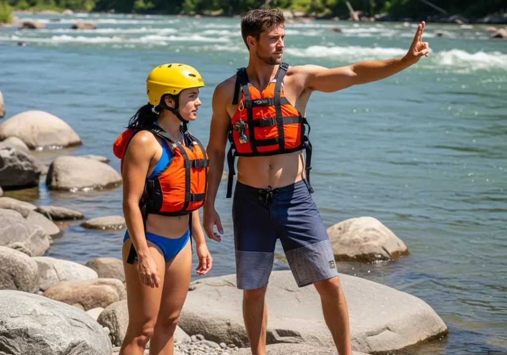 A male swiftwater rescue team leader makes a 'go' hand signal while a female teammate stands ready on the riverbank.