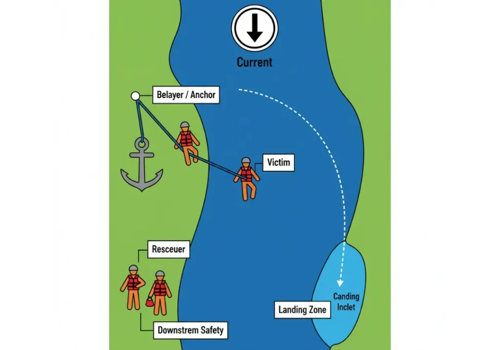A top-down diagram illustrating the setup for a live bait swiftwater rescue, showing the positions of the victim, rescuer, belayer anchor, downstream safety team, and the pendulum arc path to the landing zone.