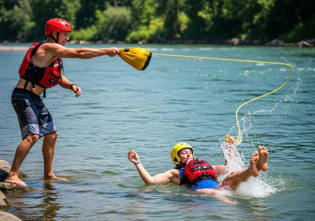 A full-body action shot of a man on a riverbank throwing a rescue rope to a woman swimming in the current during a safety drill.