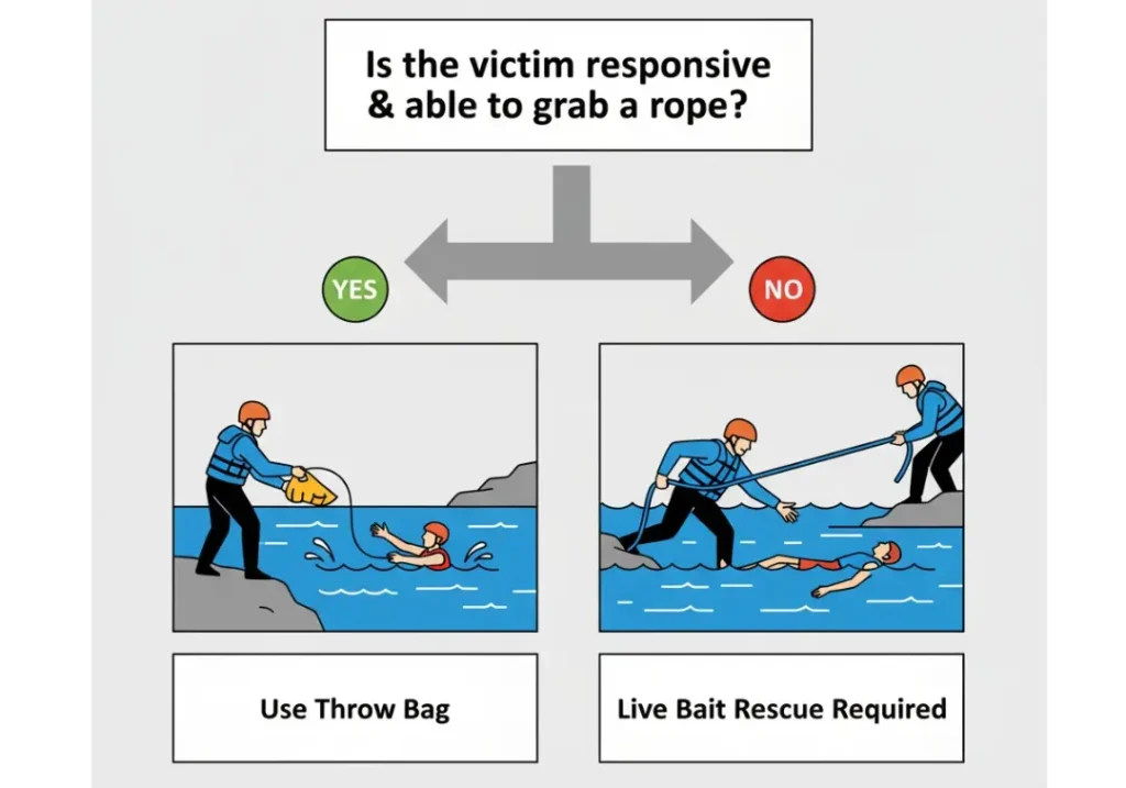An infographic flowchart explaining the decision between a throw bag and a live bait rescue. The central question is "Is the victim responsive?" A "YES" answer points to an image of a throw bag rescue, while a "NO" answer points to an image of a more advanced live bait rescue.