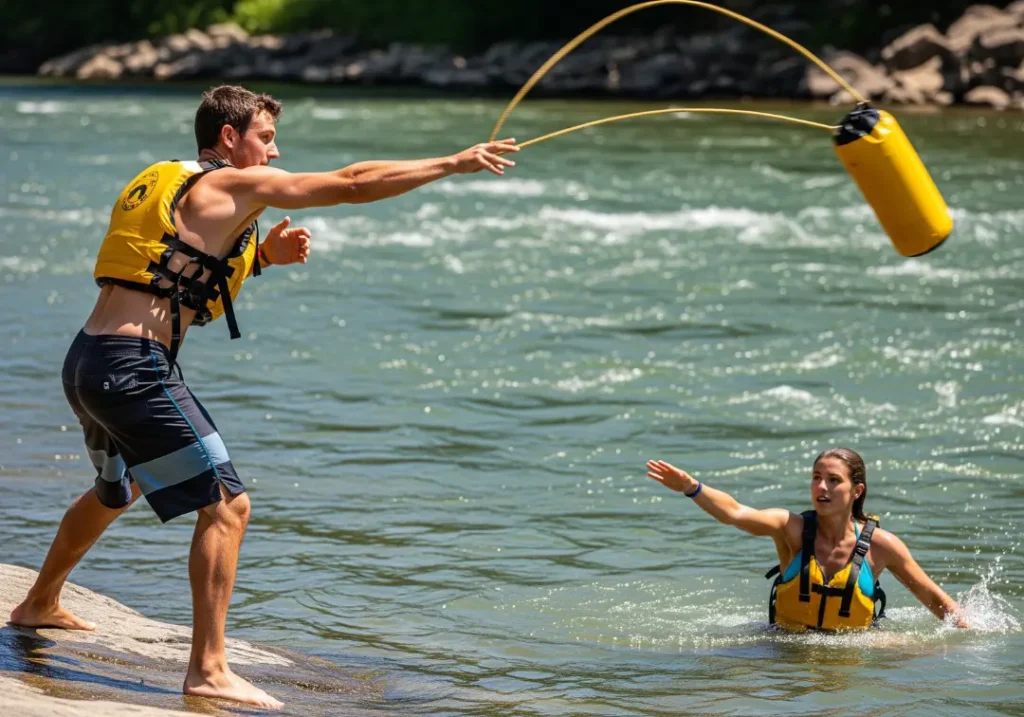 A man on a riverbank throws a rescue rope to a woman swimming in the current during a safety drill.