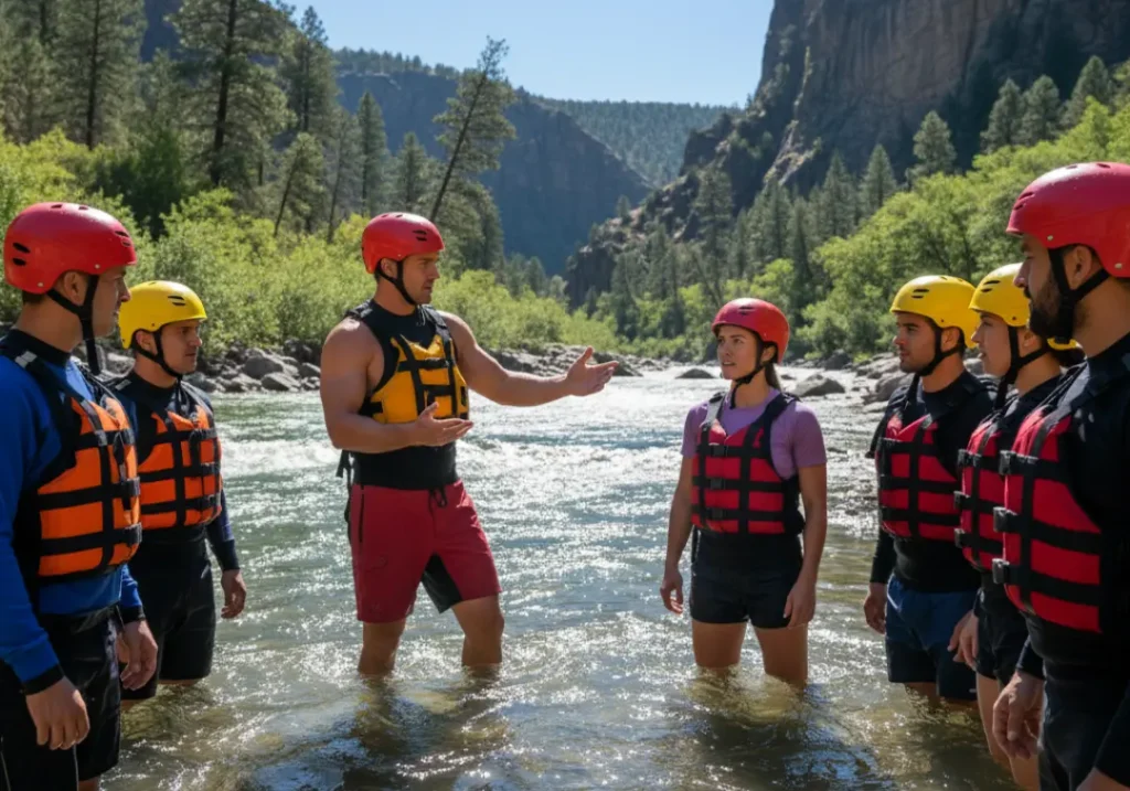 An instructor teaches a small group of students during a hands-on swiftwater rescue course on a sunny river.