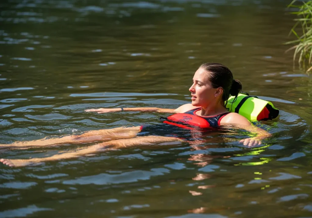 A woman in a life jacket floats in a river, looking towards a calm eddy in a moment of decision-making.