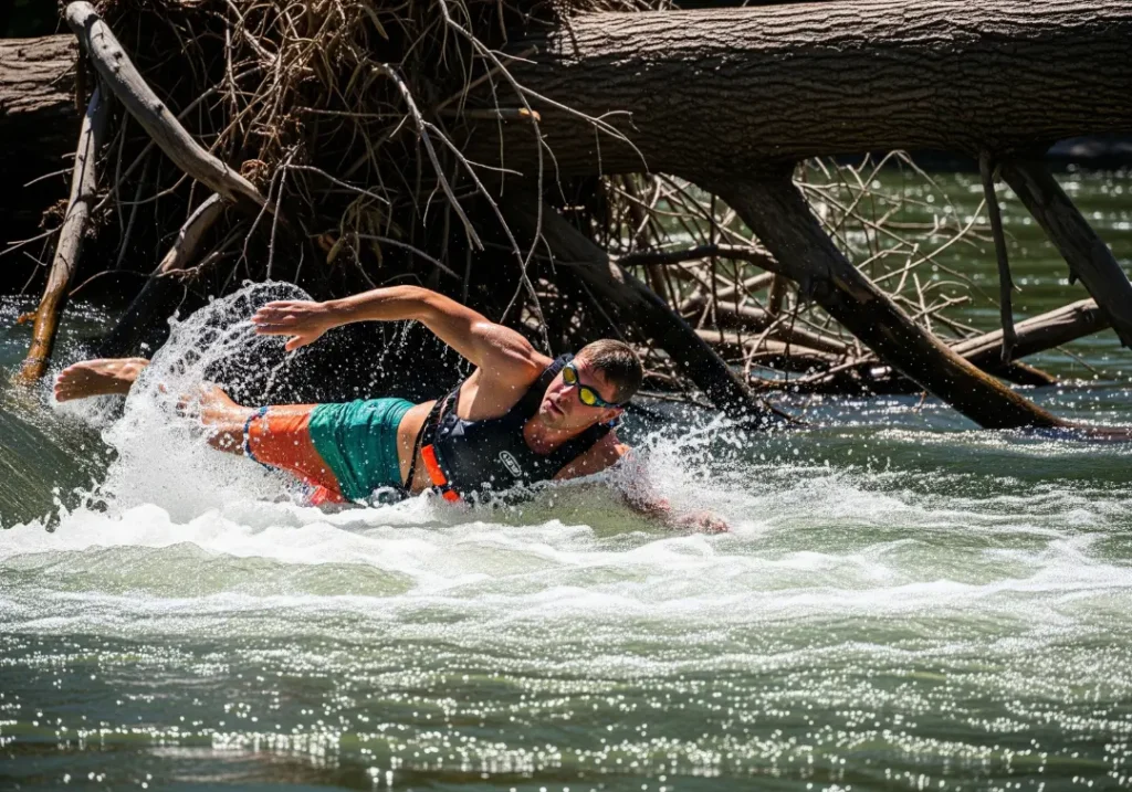 A full-body shot of a man swimming hard to escape a dangerous fallen tree, known as a strainer, in a river.