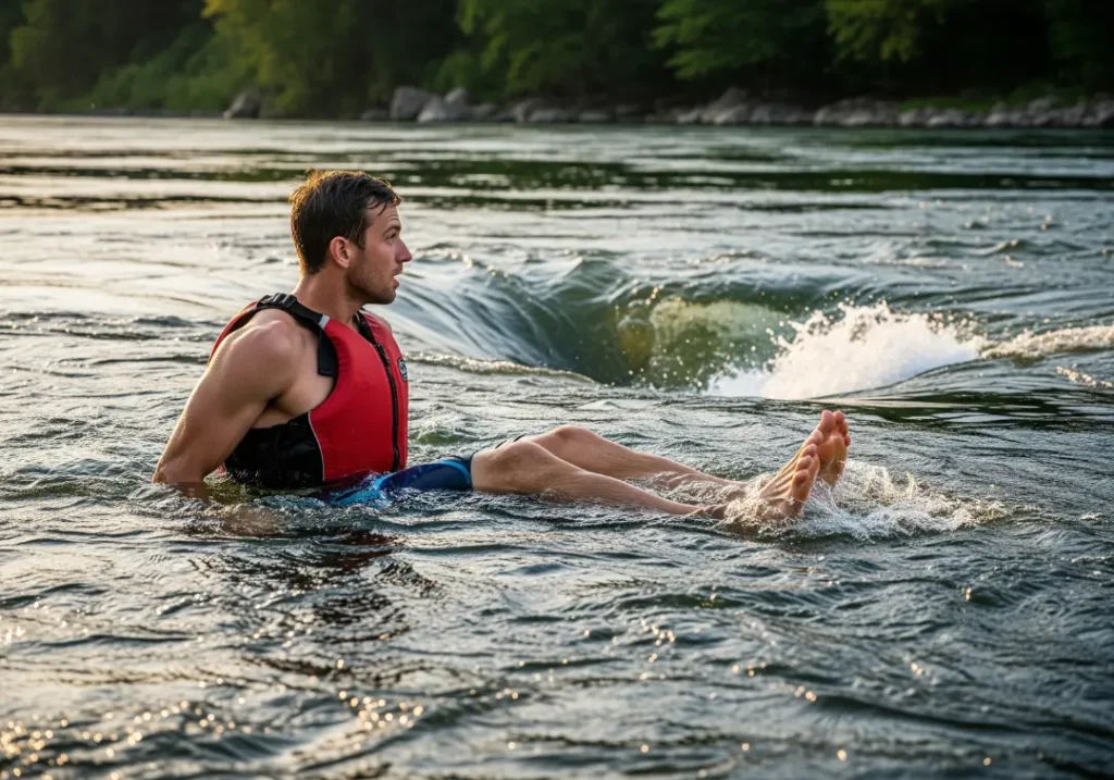 A full-body shot of a man in a defensive swim position in a river, looking towards a calm eddy, illustrating a moment of choice.