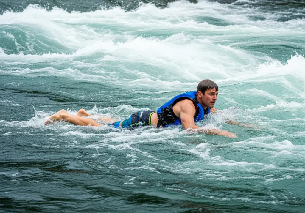 A full-body shot of a man in his late 20s swimming alone in a large whitewater rapid, highlighting the high-stakes nature of the skill.