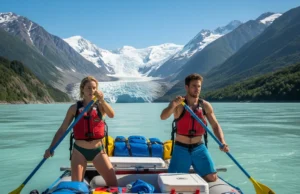 Tatshenshini Rafting: A Data-Backed Expedition Plan A full-body shot of a fit man and woman in their late 20s wearing PFDs and swimwear, paddling an expedition raft on the Tatshenshini River with immense glaciers in the background.