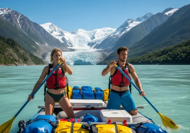 tatshenshini-rafting-expedition-couple A full-body shot of a fit man and woman in their late 20s wearing PFDs and swimwear, paddling an expedition raft on the Tatshenshini River with immense glaciers in the background.