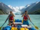 Tatshenshini Rafting: A Data-Backed Expedition Plan A full-body shot of a fit man and woman in their late 20s wearing PFDs and swimwear, paddling an expedition raft on the Tatshenshini River with immense glaciers in the background.