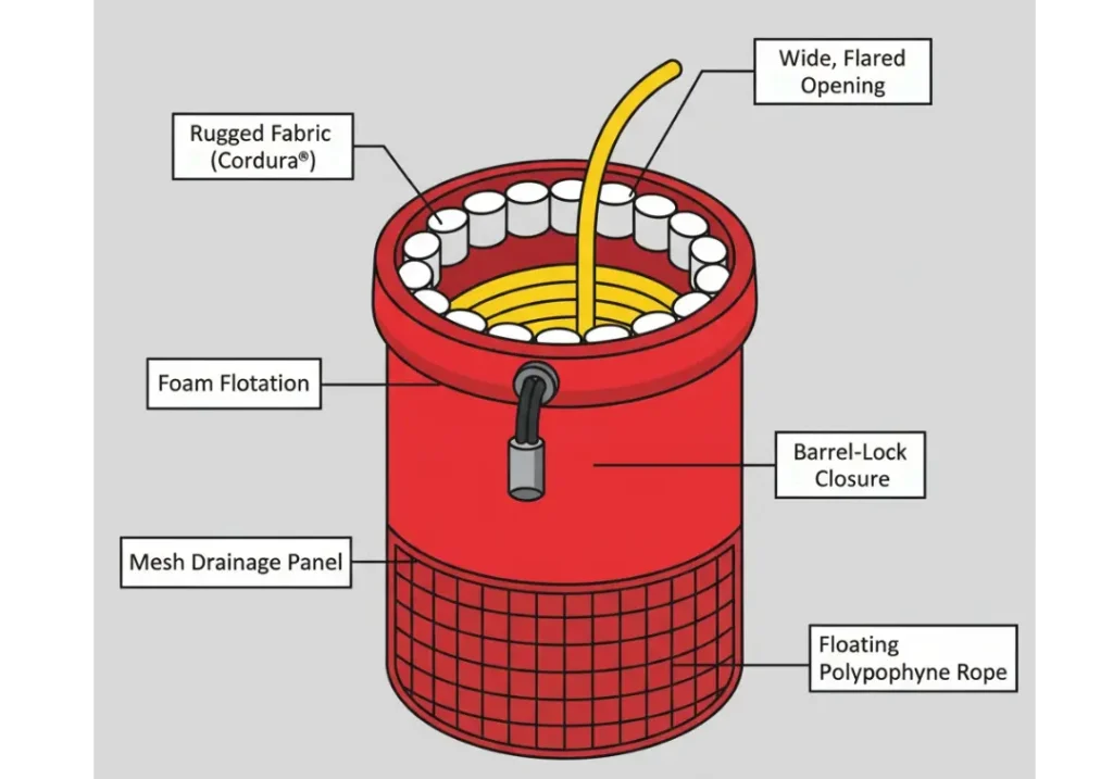 An infographic illustrating the anatomy of a river rescue throw bag, showing a cutaway view with labels for the rugged fabric, mesh drainage panel, foam flotation, wide opening, barrel-lock closure, and floating polypropylene rope.