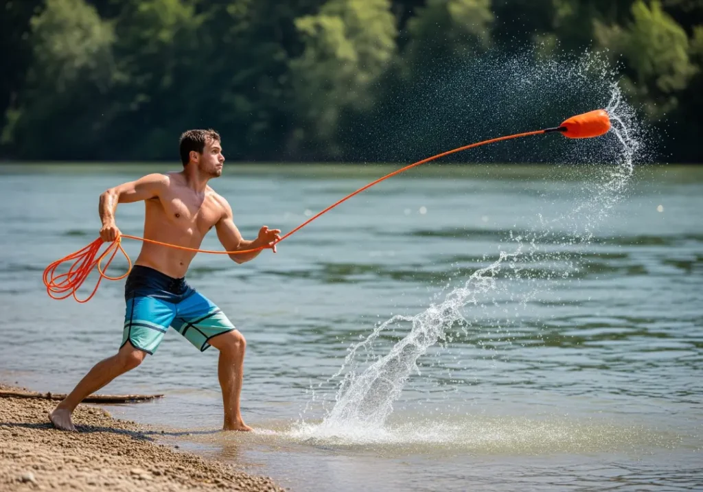 A full-body action shot of a fit man in his late 20s throwing a rescue rope from a riverbank.