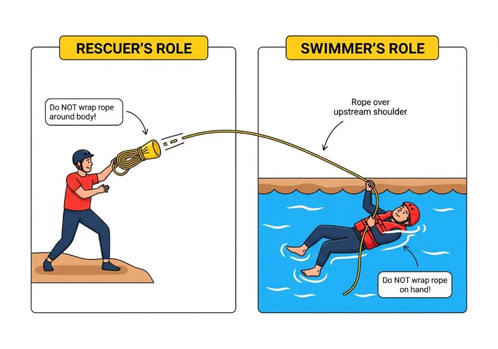A two-panel infographic showing the proper roles for a throw rope rescue. The left panel shows the rescuer's throwing stance, and the right panel shows the swimmer's correct position on their back with the rope over their upstream shoulder.