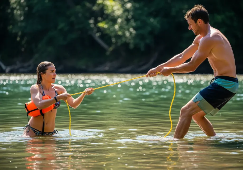 A full-body shot of a man on a riverbank using a throw rope to rescue a woman in a bikini and PFD from the water.