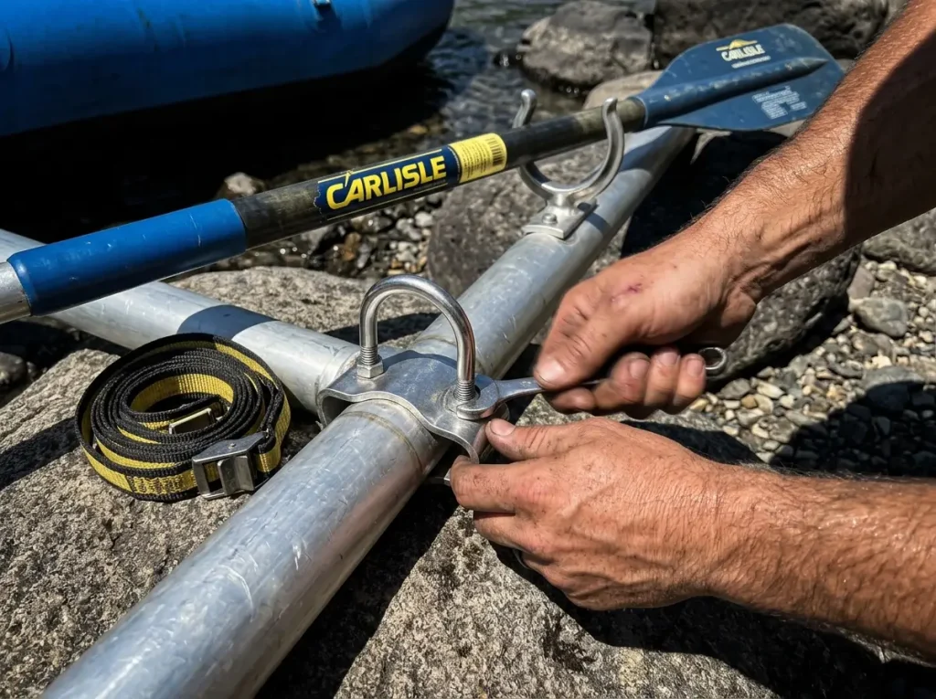 Hands tightening a U-bolt on a raft frame with a Carlisle oar in a pre-launch check