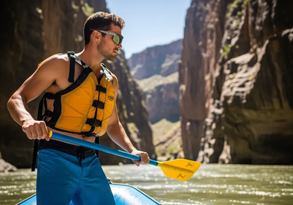 A fit man in his late 20s wearing sunglasses and a life jacket confidently paddles his raft on a sunny river through a canyon.