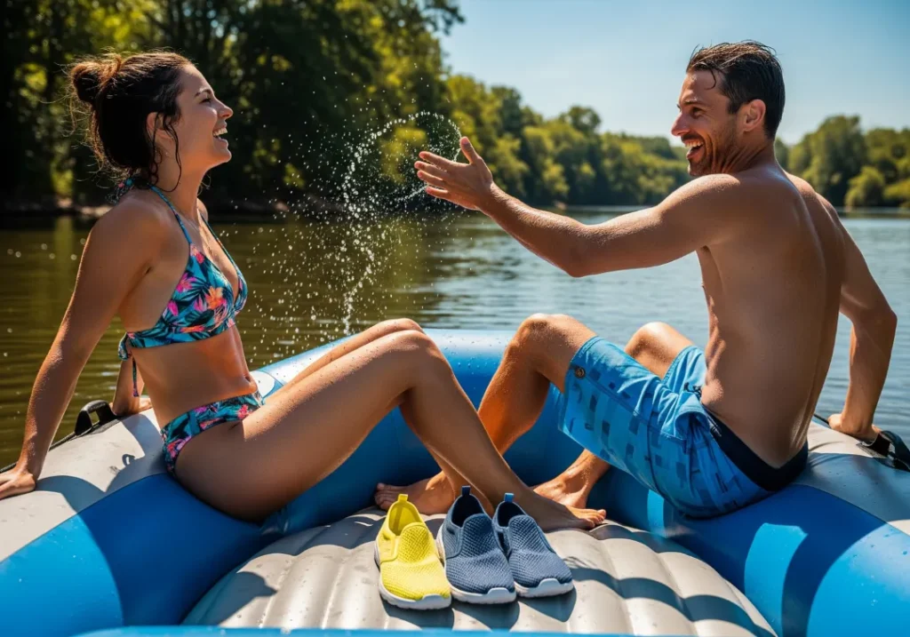 A happy couple in swimwear relaxes on their raft on a sunny river, their high-quality water shoes visible and drying in the sun.