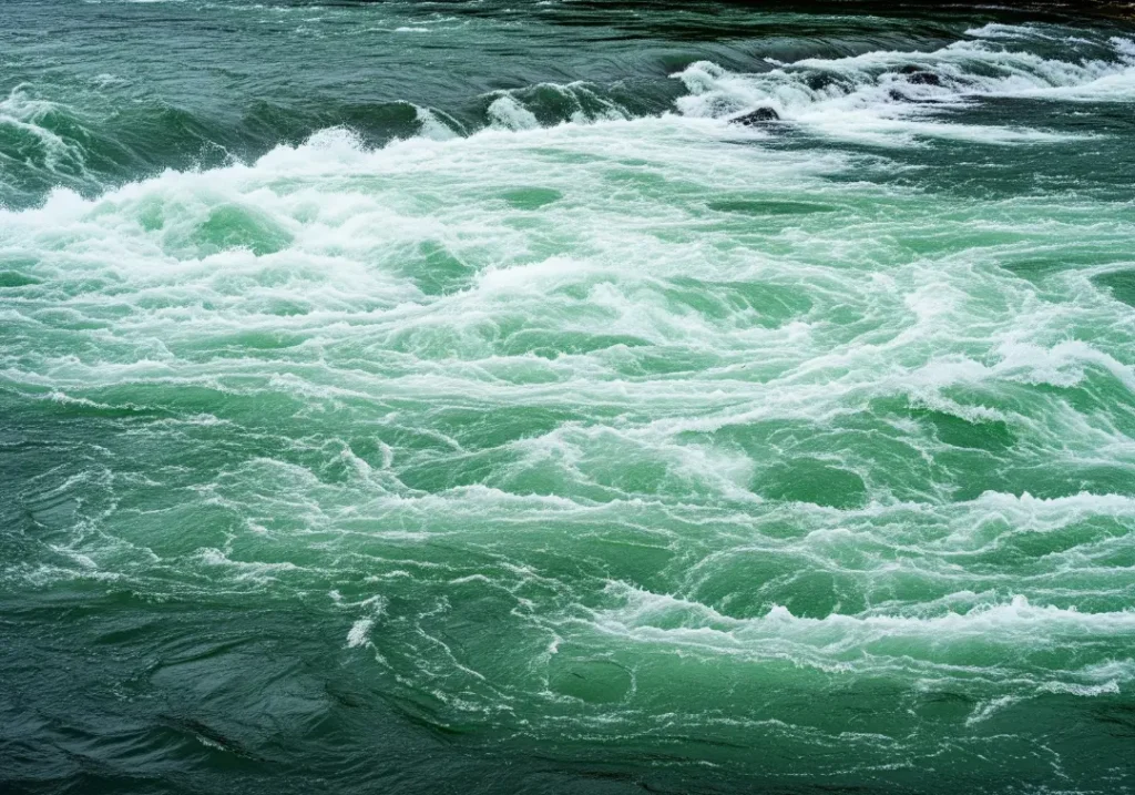 A close-up view of the chaotic and turbulent surface of a whitewater rapid, symbolizing a hidden danger.