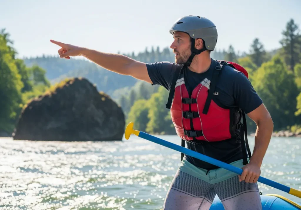 A male river guide in a full-body shot demonstrates the 'Point Positive' rule, pointing toward a safe channel in the river.