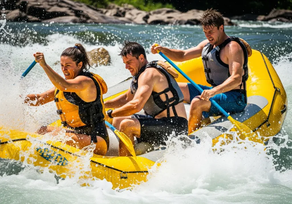 Full-body view of three young adult rafters paddling aggressively through a large, chaotic whitewater rapid on the Gauley River.