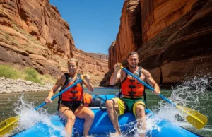 Best USA Rafting Trips: Expert-Graded by Skill & Season A fit young couple in their late 20s paddle a raft together through exciting rapids in a sunny, expansive American river canyon.