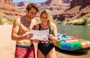 An Analysis of USA River Permits: Odds, Strategy & Skills A man and woman in swimwear stand on a riverbank in a canyon, smiling as they hold a river permit together next to their raft.