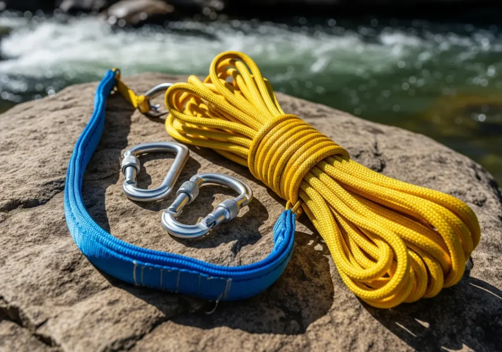 Essential vector pull rescue gear, including a static rope, locking carabiners, and webbing, laid out on a riverside rock.