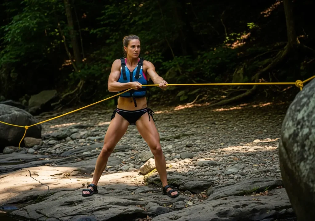 A fit woman in a bikini and PFD demonstrates the powerful physics of a vector pull on a taut rope by a river.