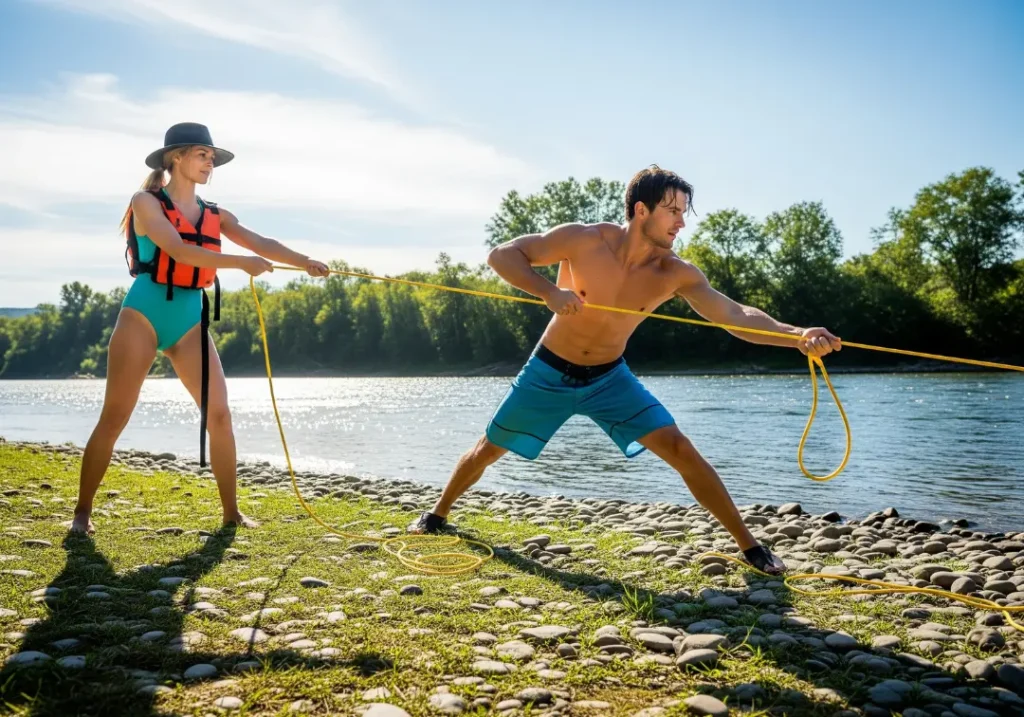 A man and woman work together to execute a vector pull rescue technique with a rope on a sunny riverbank.