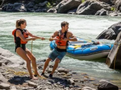 Vector Pull Rescue: A Step-by-Step Whitewater Guide A fit man and woman in rafting gear on a sunny riverbank performing a vector pull rescue on a pinned whitewater raft.