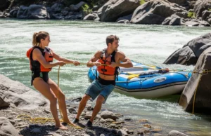 Vector Pull Rescue: A Step-by-Step Whitewater Guide A fit man and woman in rafting gear on a sunny riverbank performing a vector pull rescue on a pinned whitewater raft.
