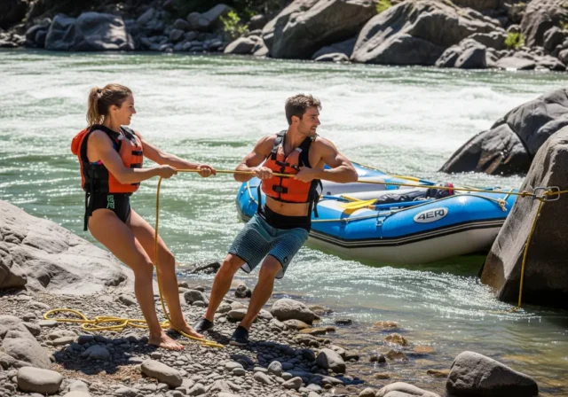 vector-pull-rescue-whitewater-guide A fit man and woman in rafting gear on a sunny riverbank performing a vector pull rescue on a pinned whitewater raft.