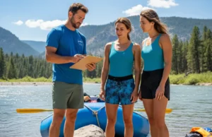 How to Vet a Rafting Outfitter: An Expert’s Framework A full-body shot of a couple in swimwear talking with a rafting guide at the river's edge before a trip.