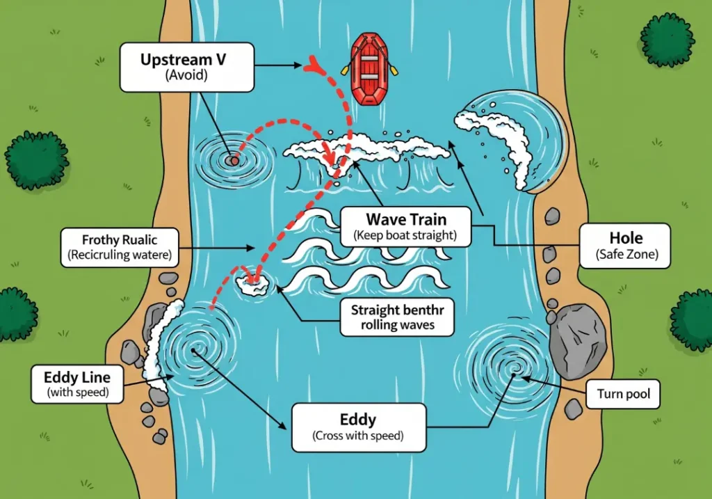 A top-down diagram of a river in a modern cartoon style, illustrating key features for navigation. Labels point to an Upstream V, a dangerous Hole, a safe Wave Train, an Eddy, and an Eddy Line, with a dotted line showing a safe path for a raft.
