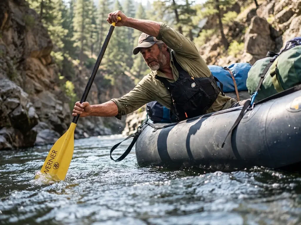 Stern guide steering a loaded raft with a lightweight Werner guide paddle