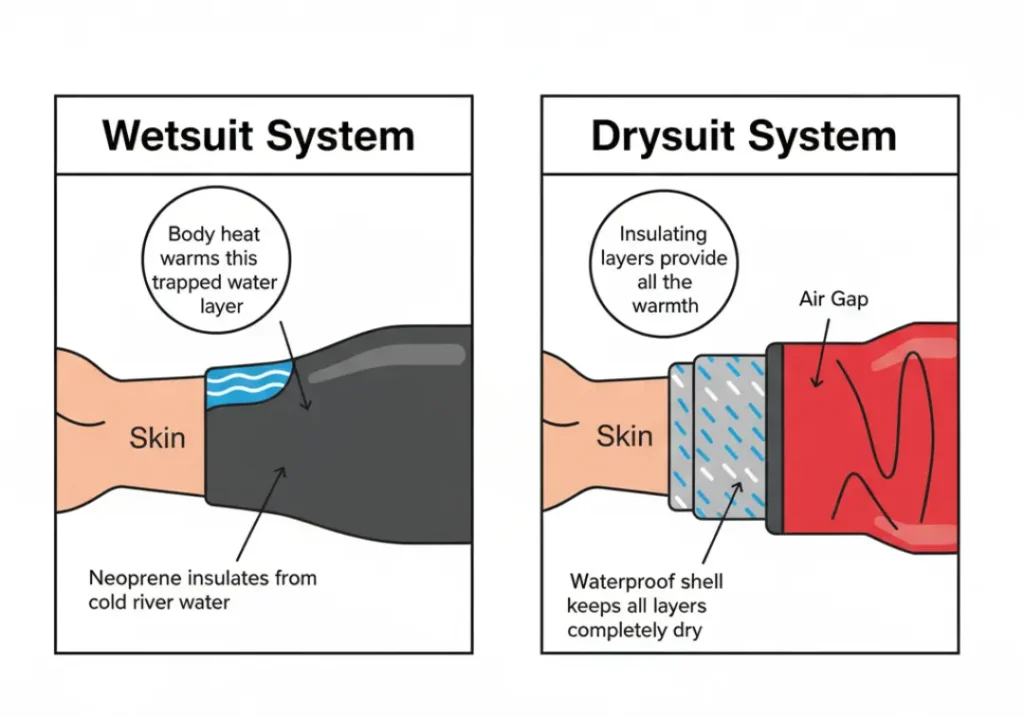 An infographic diagram comparing how wetsuits and drysuits work. The wetsuit panel shows a layer of water trapped by neoprene, while the drysuit panel shows insulating layers kept dry by a waterproof shell.