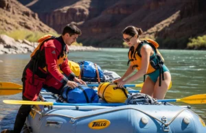 Wetsuit vs Drysuit for Rafting: A Data-Driven Guide A man in a drysuit and a woman in a one-piece swimsuit prepare their gear on a whitewater raft on a sunny day.