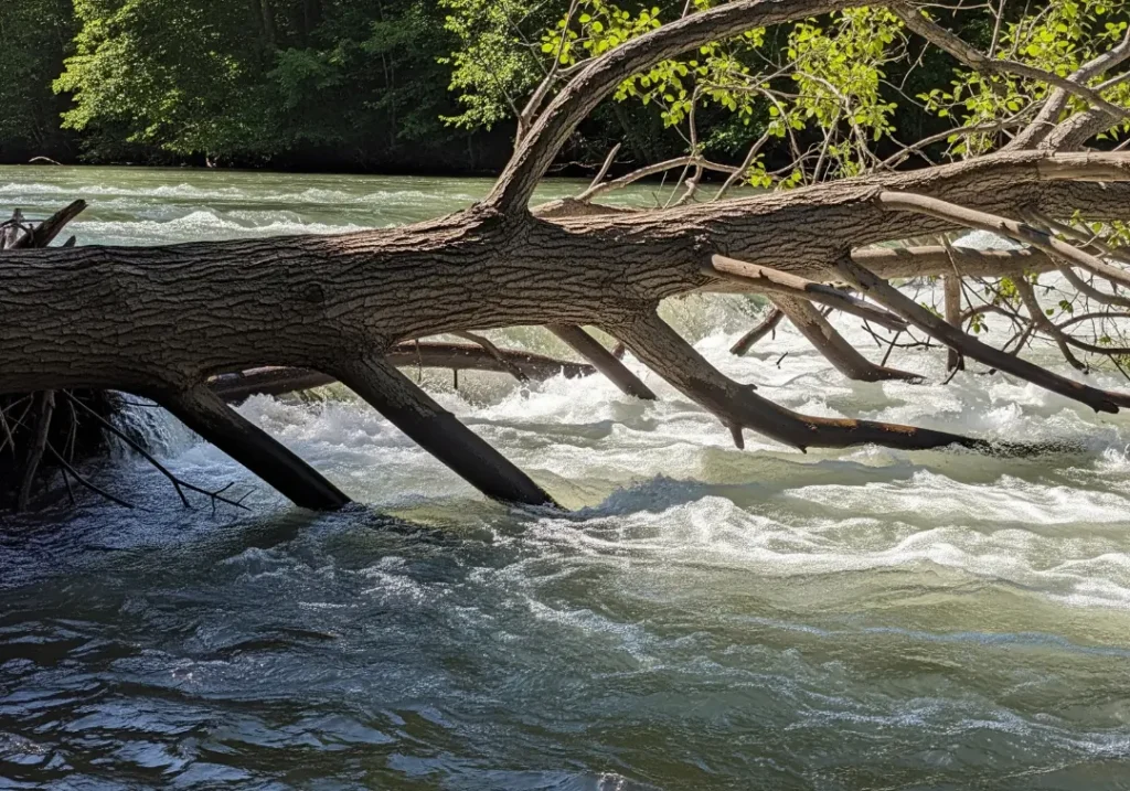 A large fallen tree, known as a strainer, lies across a river, representing a critical whitewater hazard as water dangerously flows through its branches.