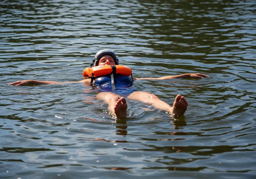 A woman in her late 20s wearing a PFD and swimsuit correctly demonstrates the defensive swimming position, floating on her back with feet downstream in a river.