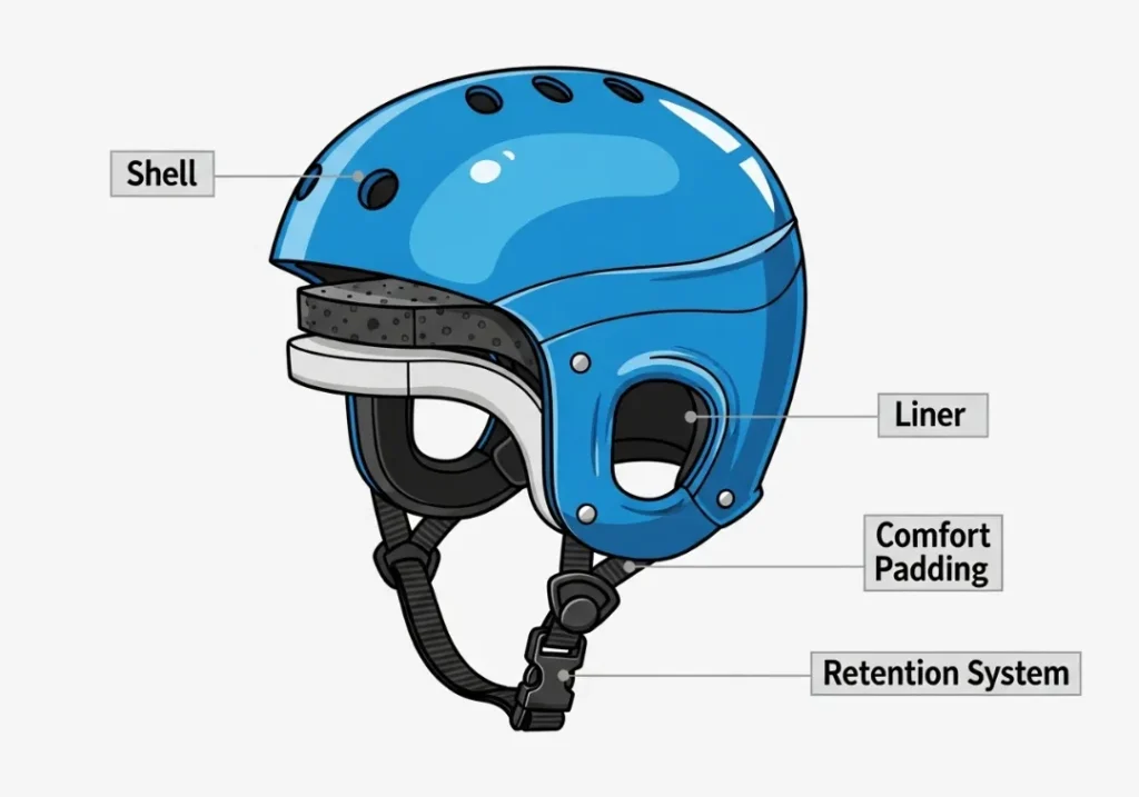 A diagram showing the cross-section of a whitewater helmet. It labels the outer Shell, the energy-absorbing Liner, the soft Comfort Padding, and the chin strap Retention System.
